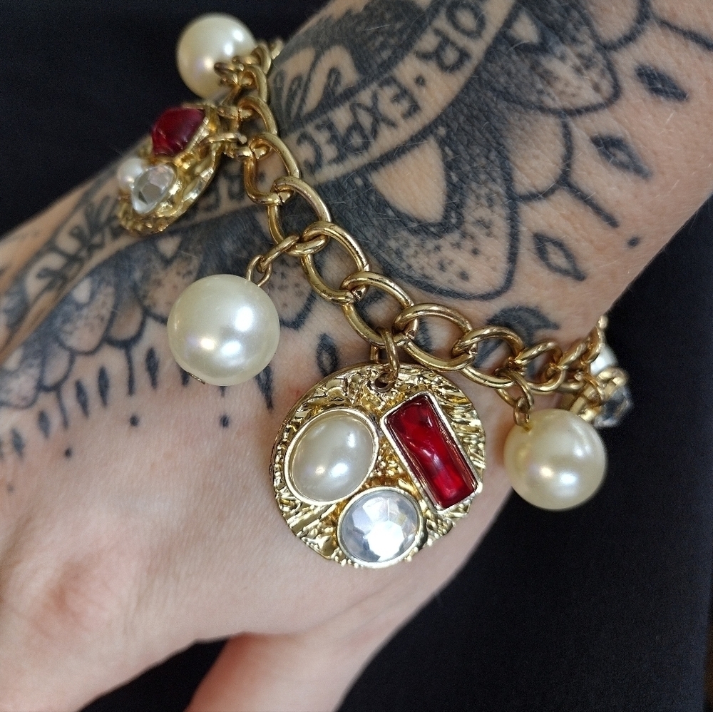 Gold Tone Red Acrylic Charm Bracelet With Faux Pearls